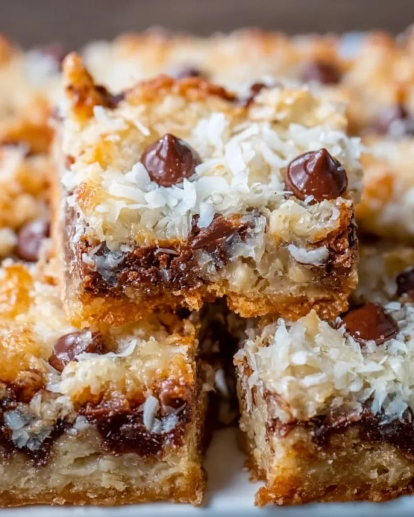 Delicious homemade 7 Layer Bars with chocolate and coconut layers