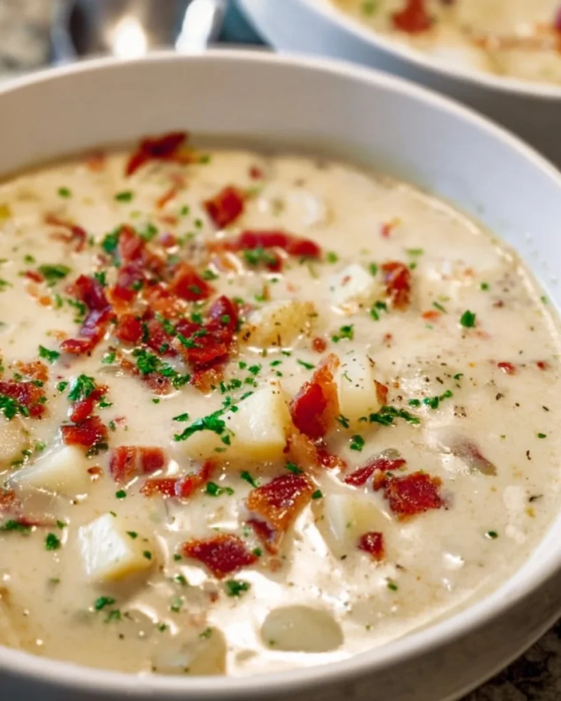 Bowl of authentic New England clam chowder with clams and herbs