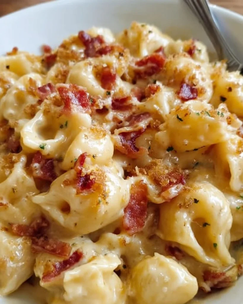 Delicious bowl of homemade Bacon Mac and Cheese topped with crispy bacon.