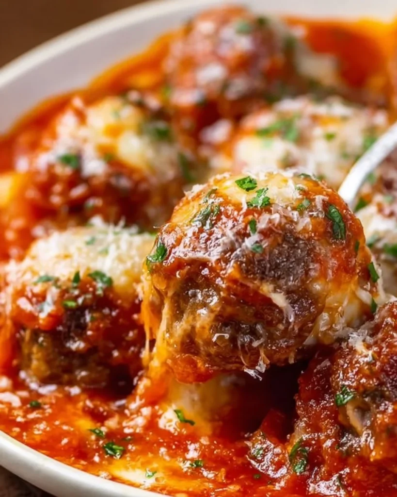 Baked meatballs simmering in rich marinara sauce