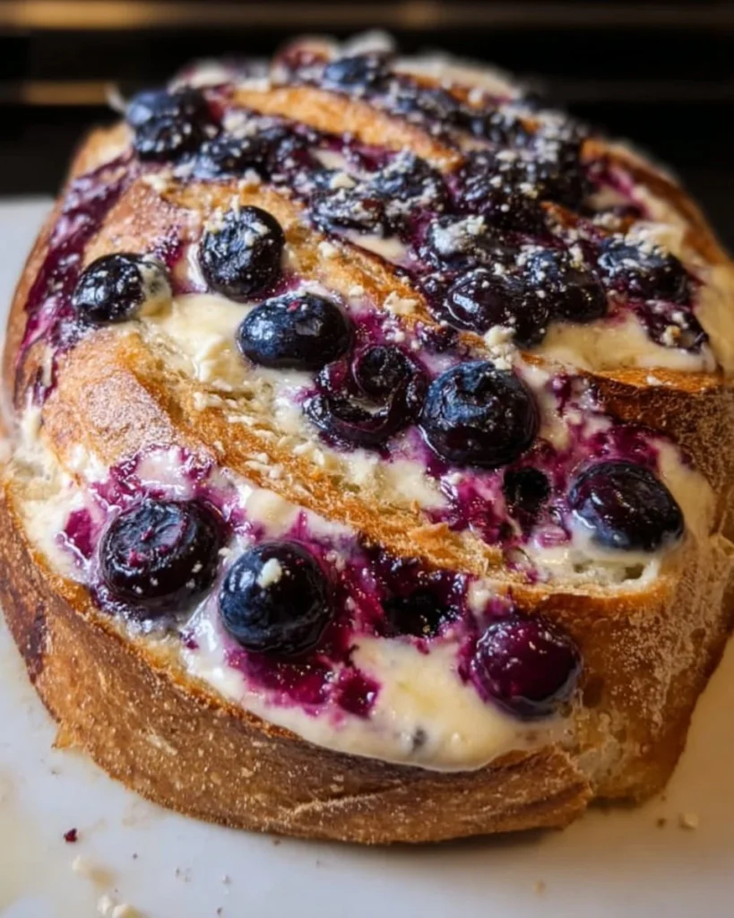 Blueberry lemon cream cheese sourdough bread on a wooden table