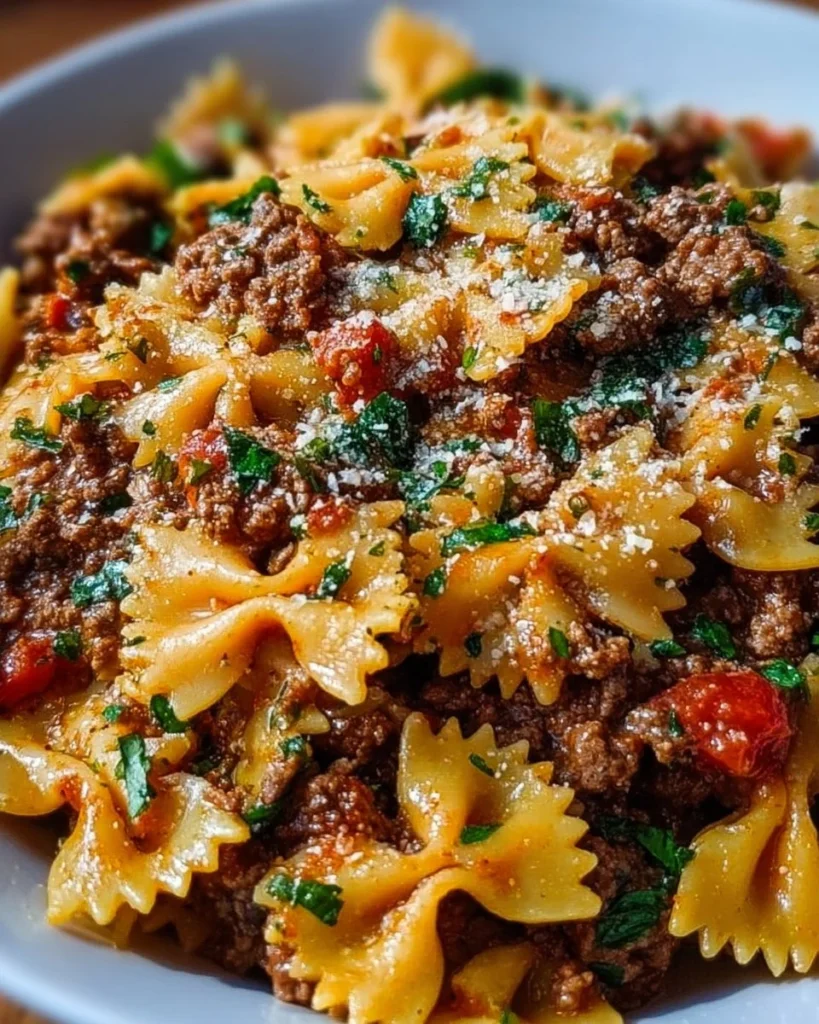 Bowtie pasta dish with ground beef and vegetables served on a plate