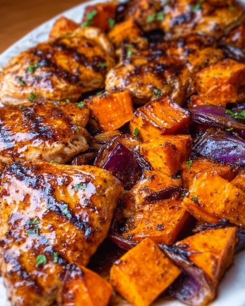 Bowl of Brown Sugar Chicken with Sweet Potatoes, garnished and ready to serve.
