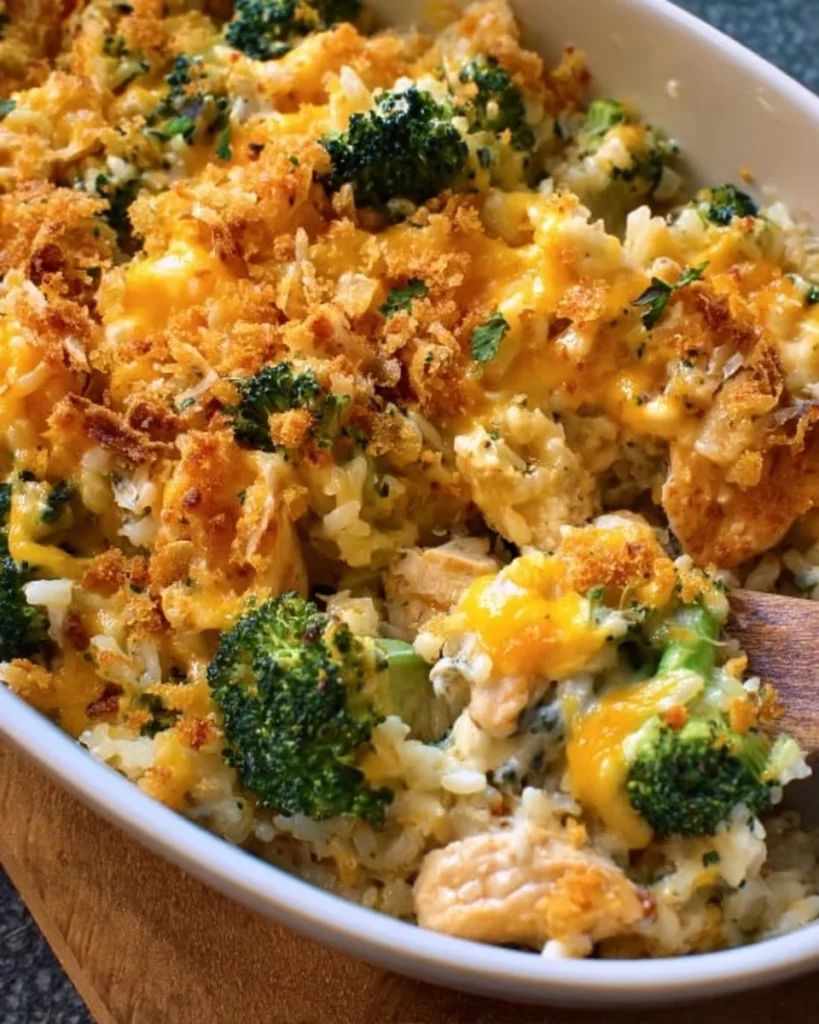 Delicious Chicken Broccoli Casserole in a baking dish ready to serve