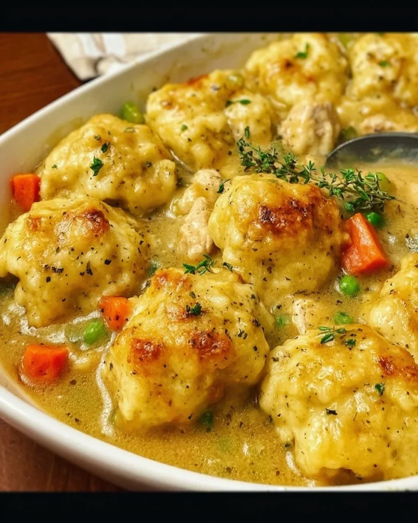 Bowl of Chicken and Dumplings served with herbs and vegetables