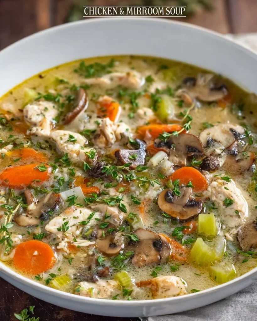 Bowl of creamy Chicken Mushroom Soup with fresh herbs and sliced mushrooms
