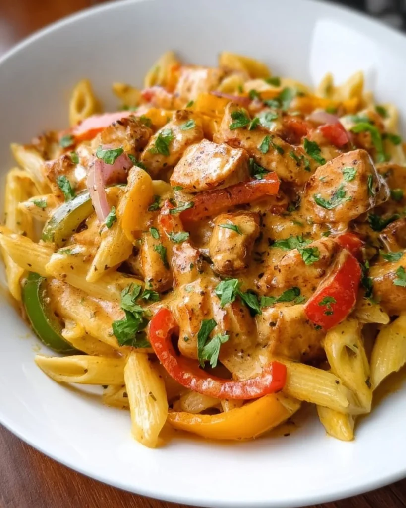 A colorful plate of Chicken Fajita Pasta with peppers and spices.