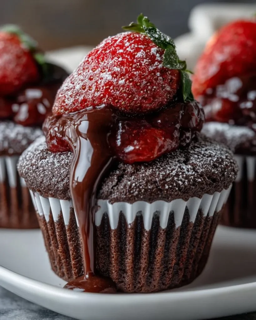Chocolate Strawberry Jam Cupcakes topped with strawberry jam and chocolate frosting
