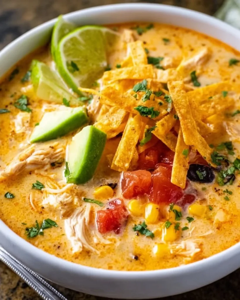 Creamy chicken tortilla soup garnished with tortilla strips and cilantro