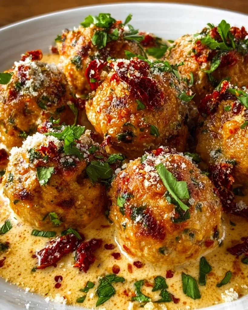 Delicious creamy Marry Me Chicken meatballs served with herbs