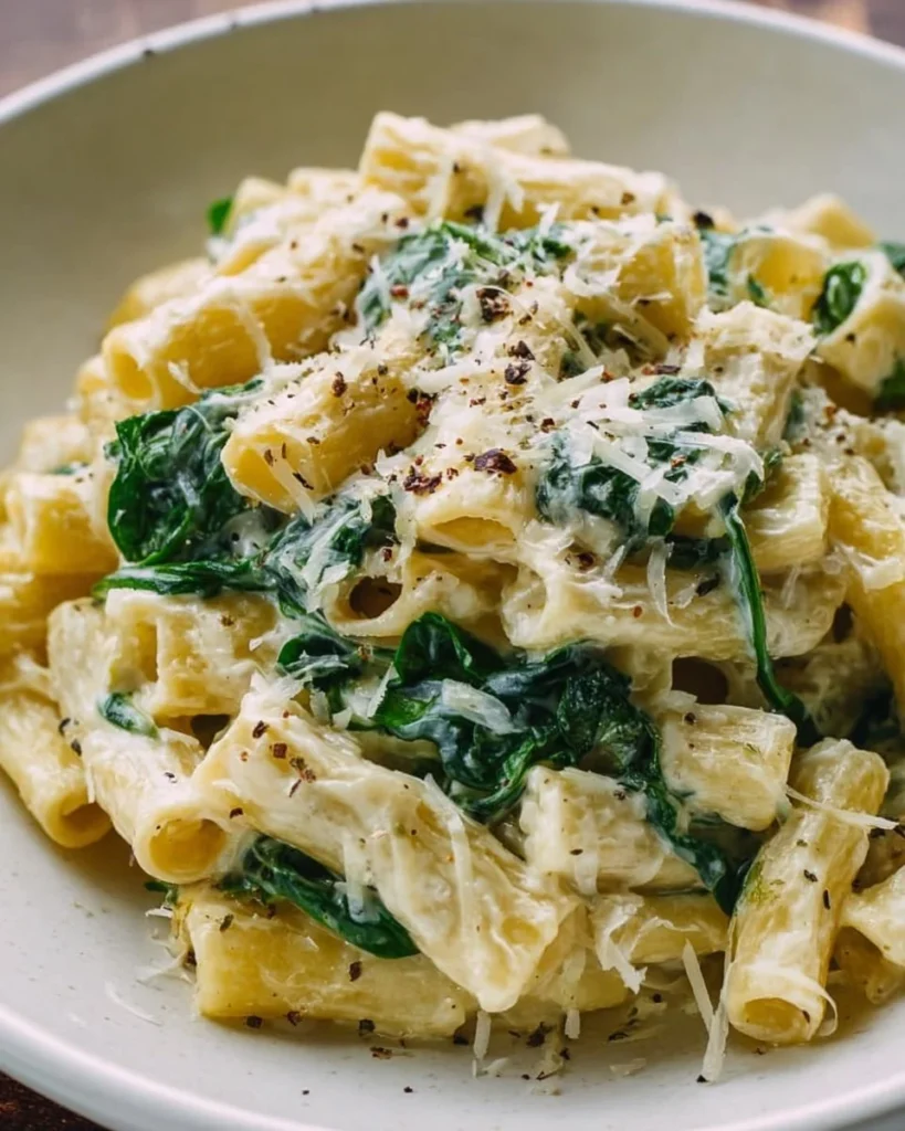 Creamy spinach pasta dish served in a bowl with fresh herbs