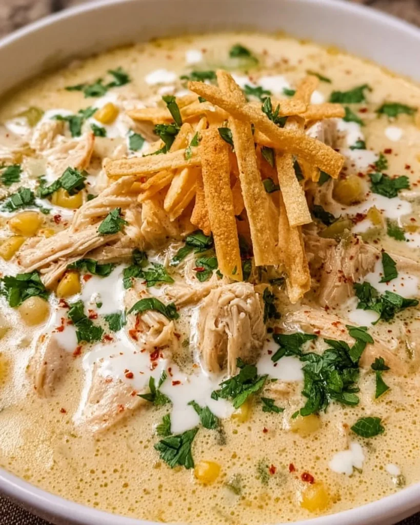 Creamy white chicken enchilada soup in a bowl with garnishes