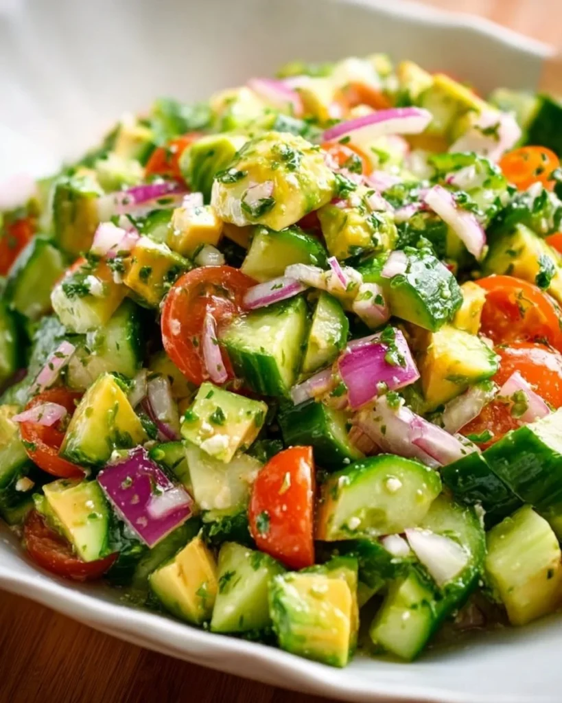 Freshly made Cucumber Avocado Salad with sliced cucumbers and ripe avocados