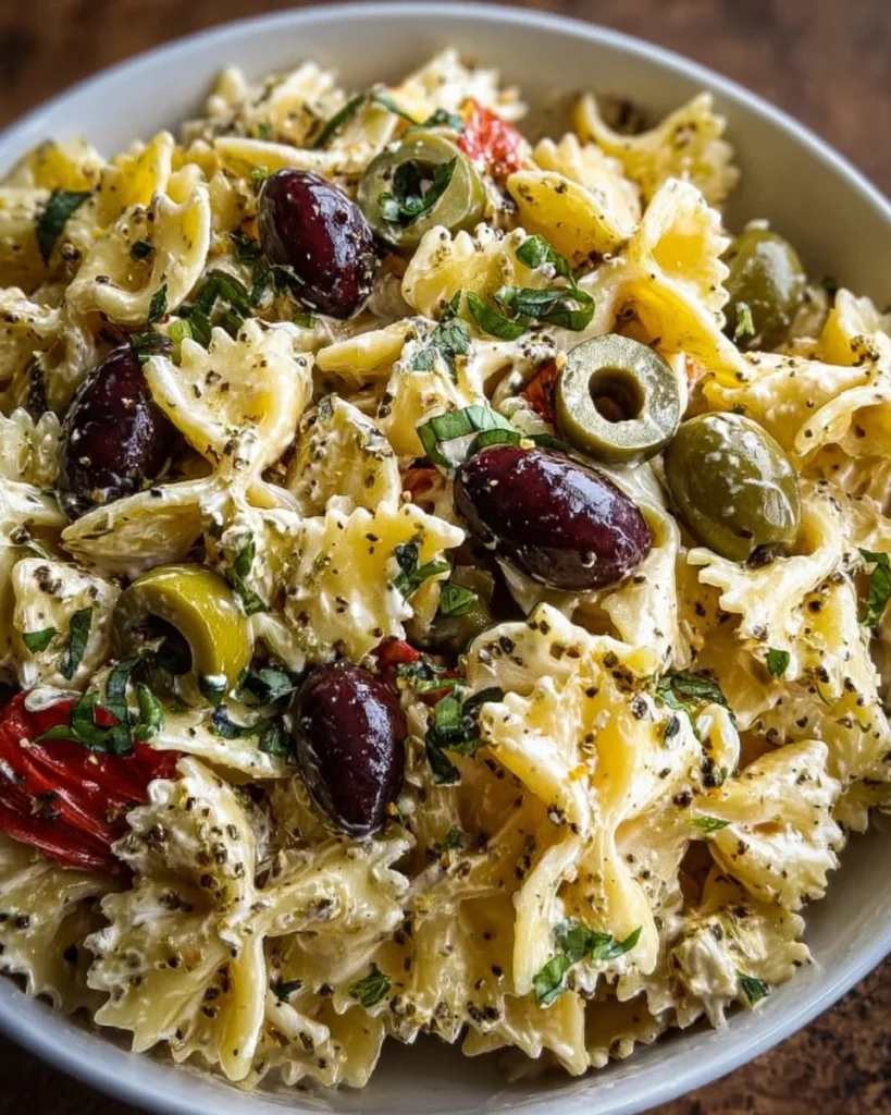 Delicious Dirty Martini Pasta Salad served in a bowl, garnished with olives and herbs.