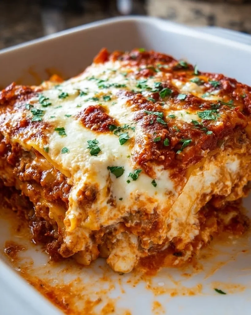 Delicious easy and cheesy lasagna prepared with layers of pasta, cheese, and sauce