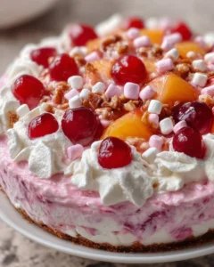 Fluffy Pink Stuff Fruit Dessert garnished with fresh fruits in a bowl