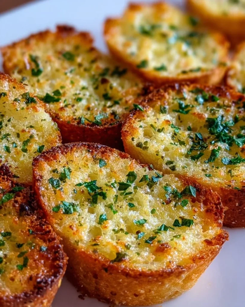 Homemade Garlic Bread Ritz Bits displayed on a plate with herbs.
