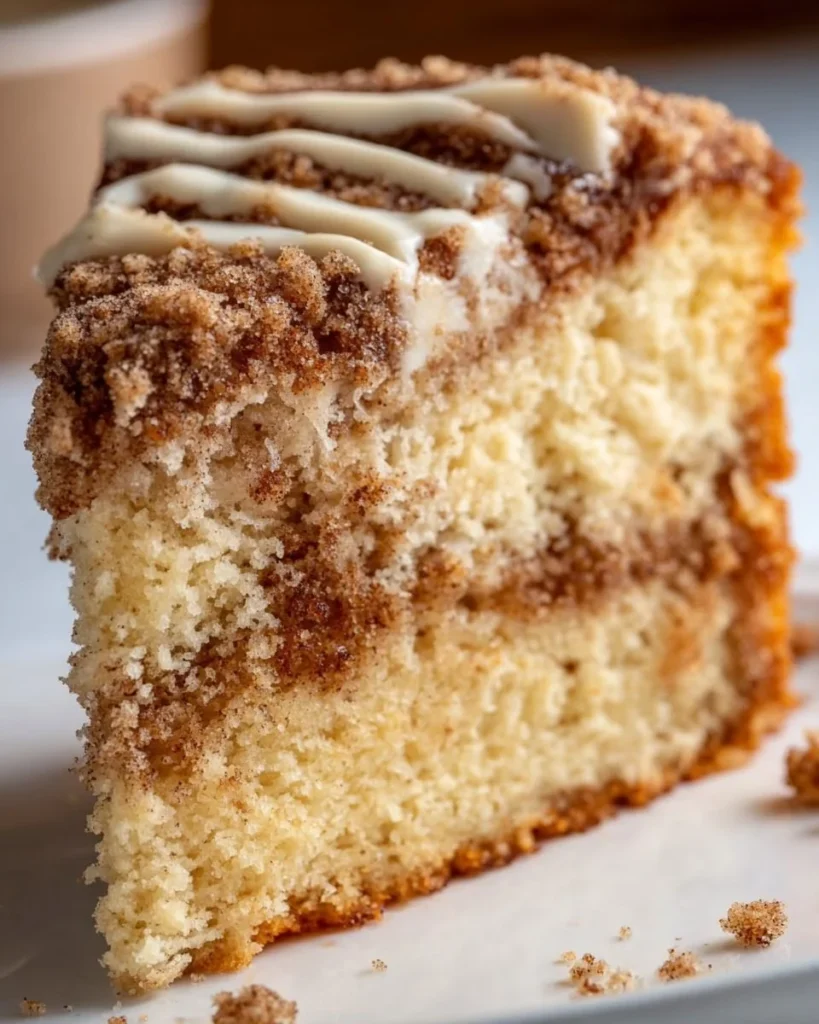 Delicious slice of Grandma's Cinnamon Coffee Cake topped with cinnamon and sugar.