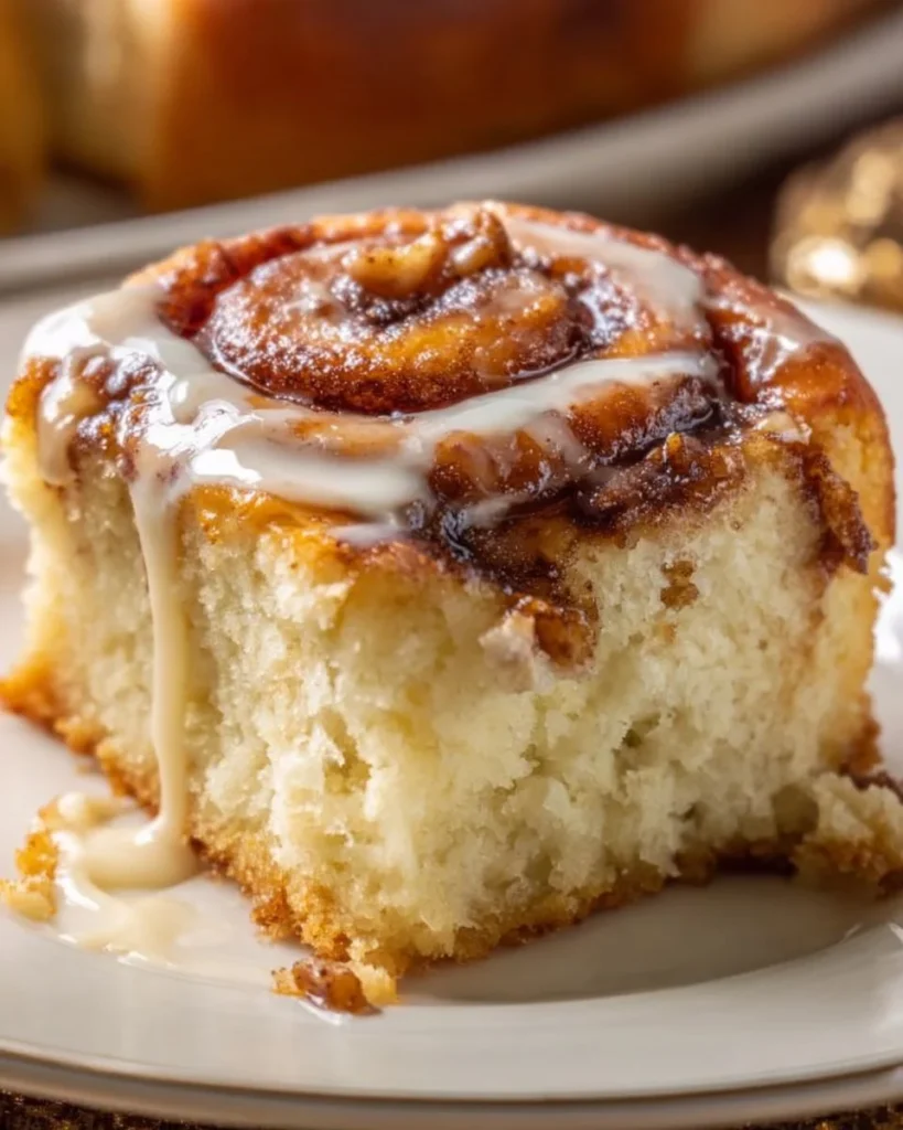 Delicious slice of Grandma's Cinnamon Roll Cake topped with icing
