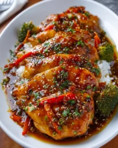 Delicious Honey Garlic Chicken with a glossy glaze served on a plate.
