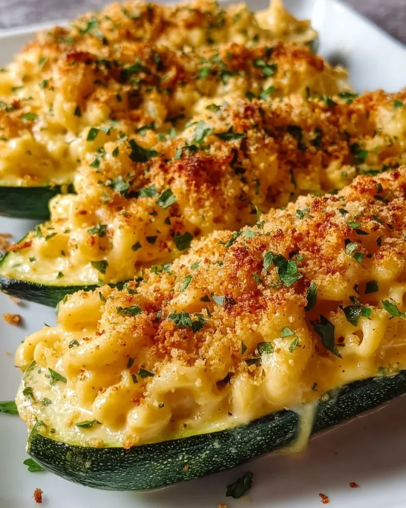 Baked zucchini halves filled with creamy mac and cheese
