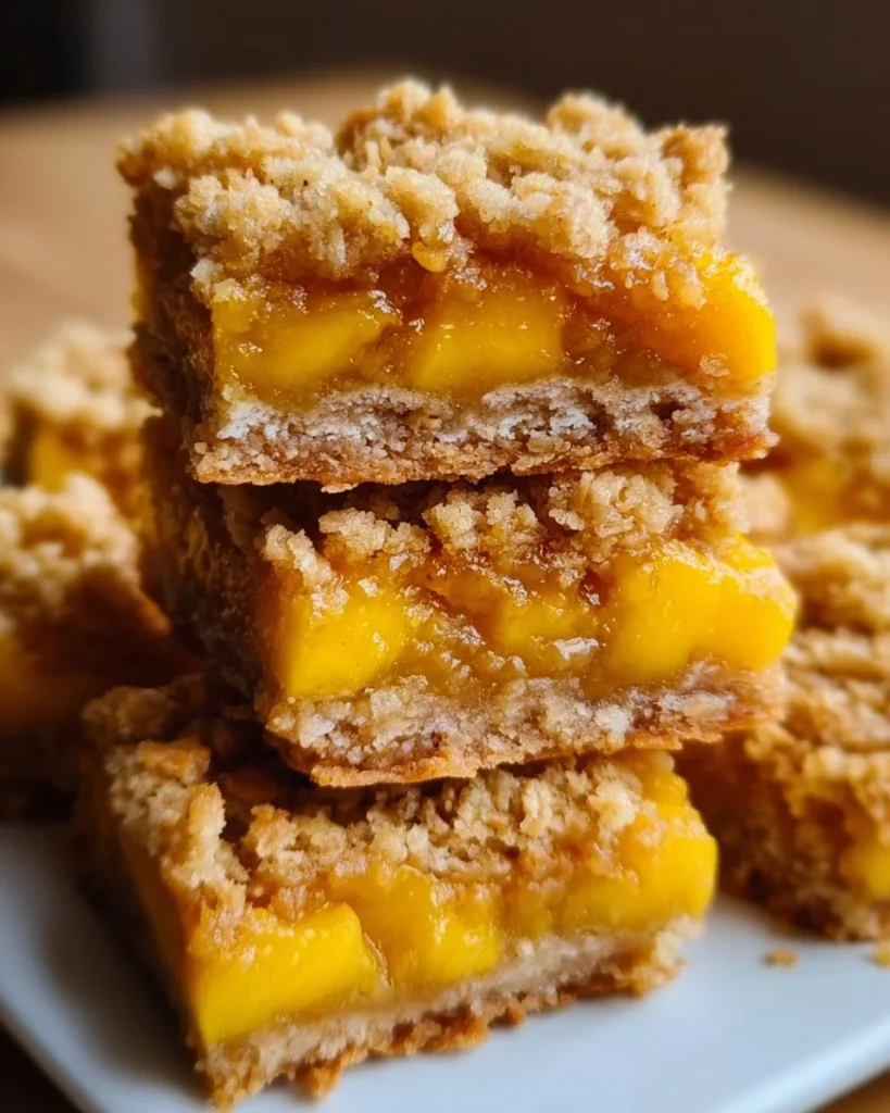 Mango Oatmeal Crumble Bars with a crunchy topping and vibrant mango filling.