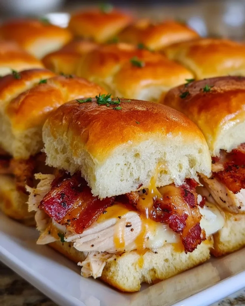 Maple Chicken Bacon Sliders with creamy sauce and crispy toppings