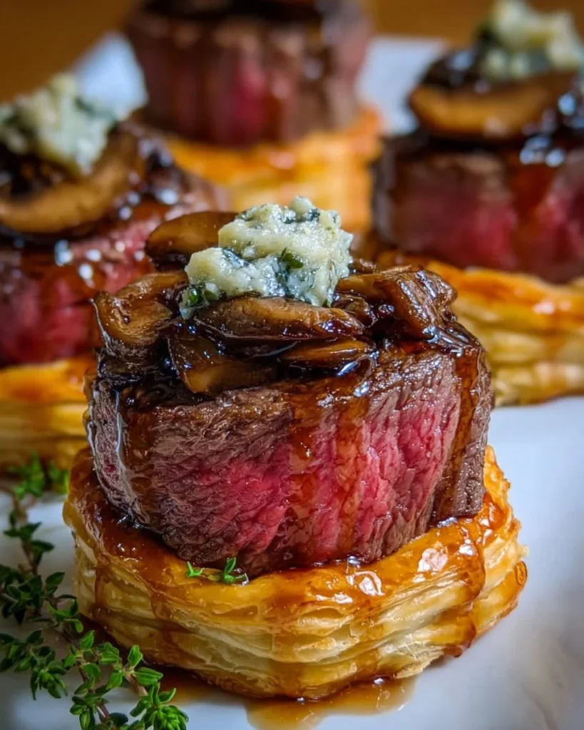 Mini Beef Wellington Bites served on a platter, perfect appetizer for parties.