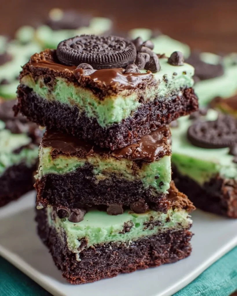 Delicious mint chocolate chip brownies on a plate with mint leaves