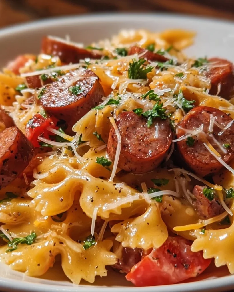One pot smoked sausage pasta dish with colorful vegetables