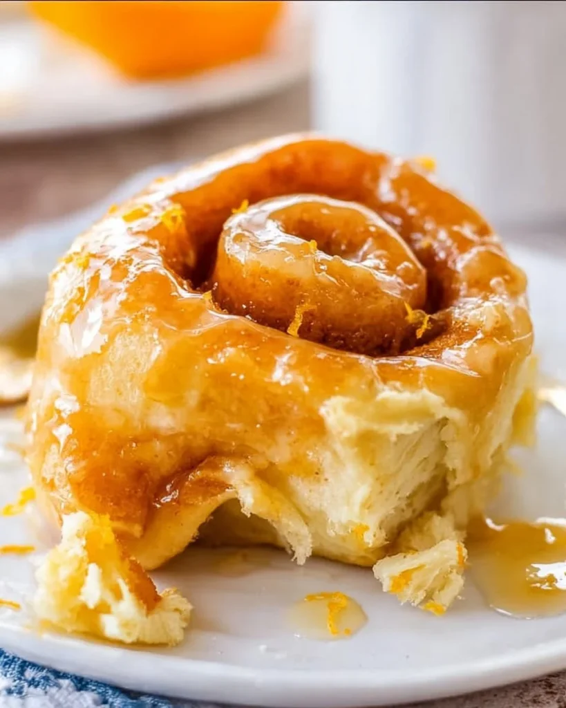 Freshly baked orange sweet rolls with creamy icing on a white plate