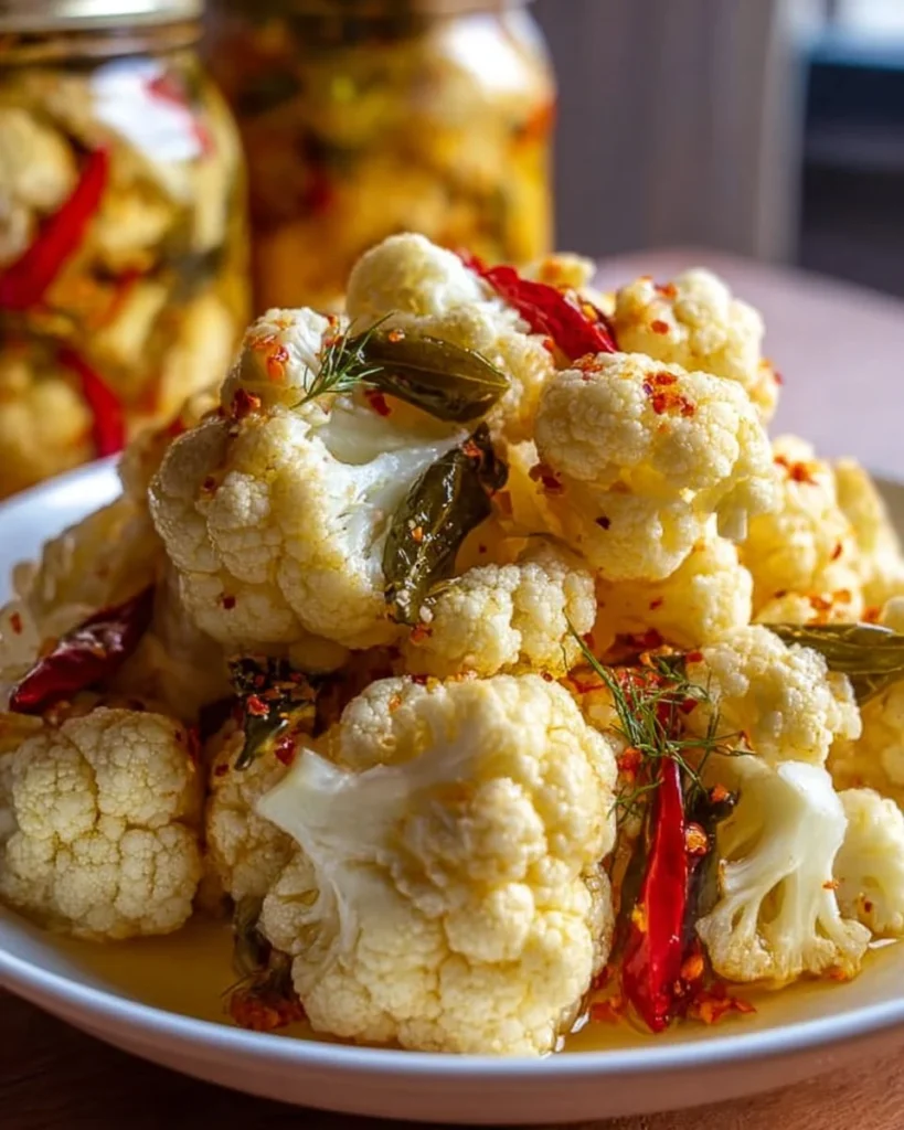 Jar of homemade pickled cauliflower with spices and herbs.