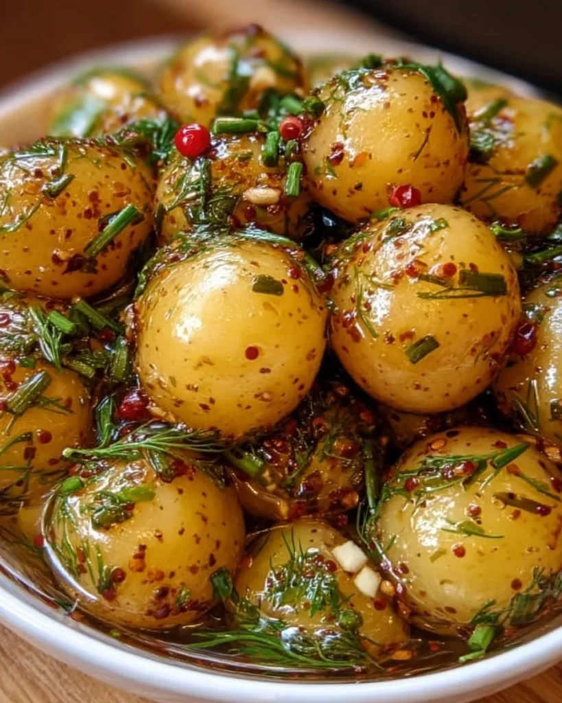Jar of homemade pickled potatoes with fresh herbs and spices