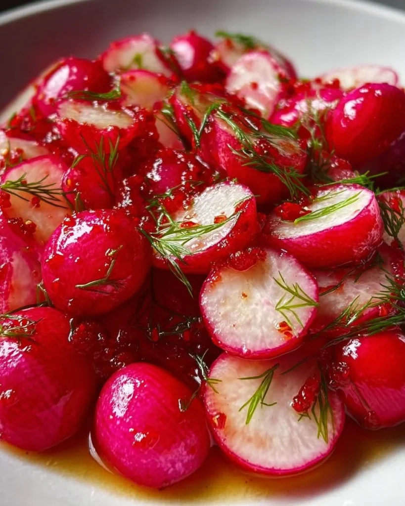 Homemade pickled radishes in a jar on a wooden table