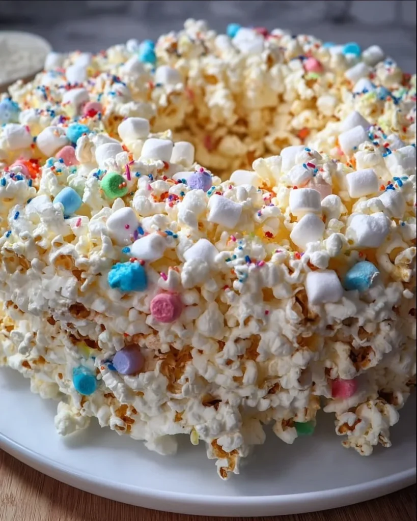 A colorful and delicious popcorn cake topped with sprinkles and chocolate.