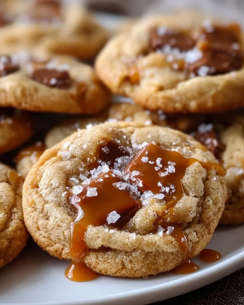 Delicious homemade salted caramel cookies decorated with sea salt.