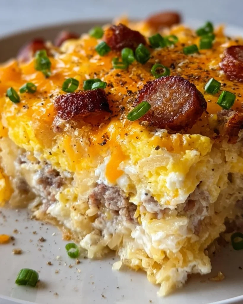 Sausage, Egg, and Cream Cheese Hashbrown Casserole served in a baking dish