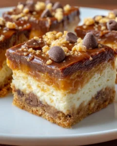 Delicious Scotcheroo Cheesecake Bars topped with chocolate and butterscotch.