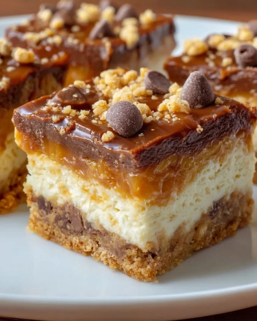 Delicious Scotcheroo Cheesecake Bars topped with chocolate and butterscotch.