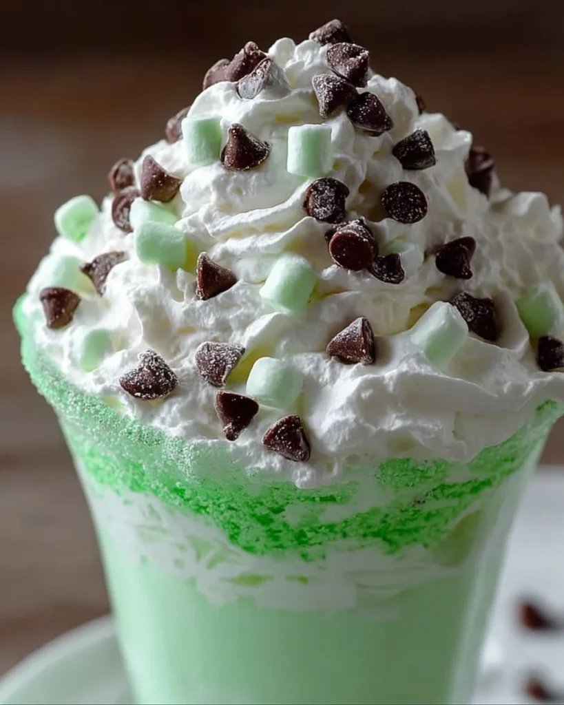 Delicious Shamrock Shake Fluff dessert topped with whipped cream