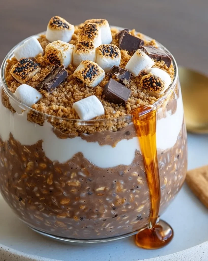 Delicious S'mores Chocolate Overnight Oats in a jar