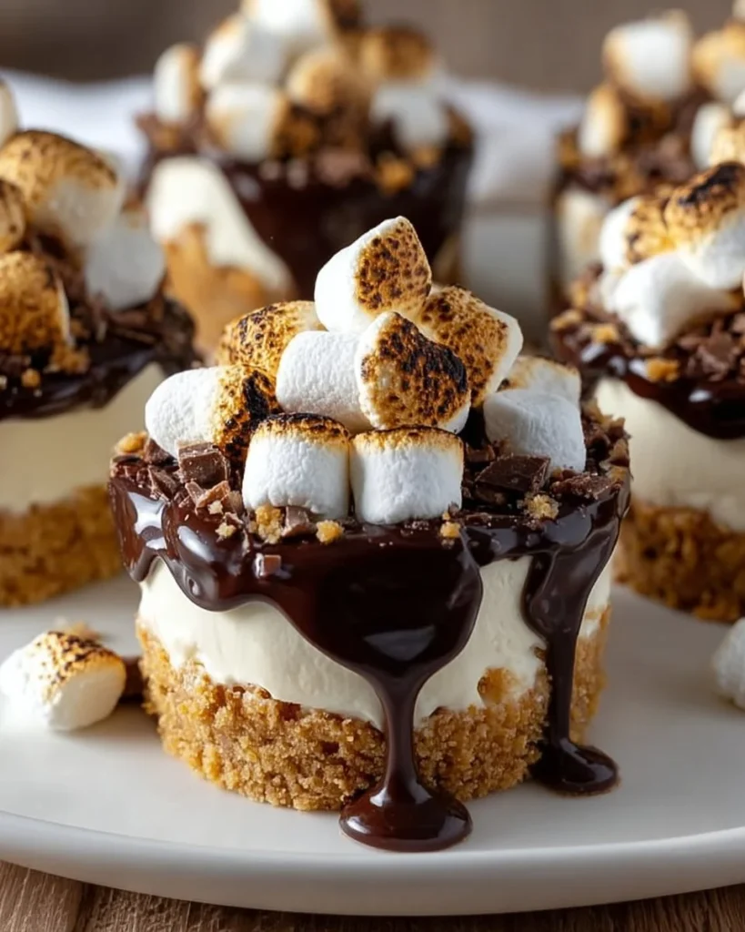 S’mores No-Bake Cheesecake Cups topped with graham crackers and chocolate.