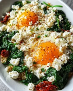 Healthy Spinach Feta Breakfast Bowl with fresh spinach, feta cheese, and eggs