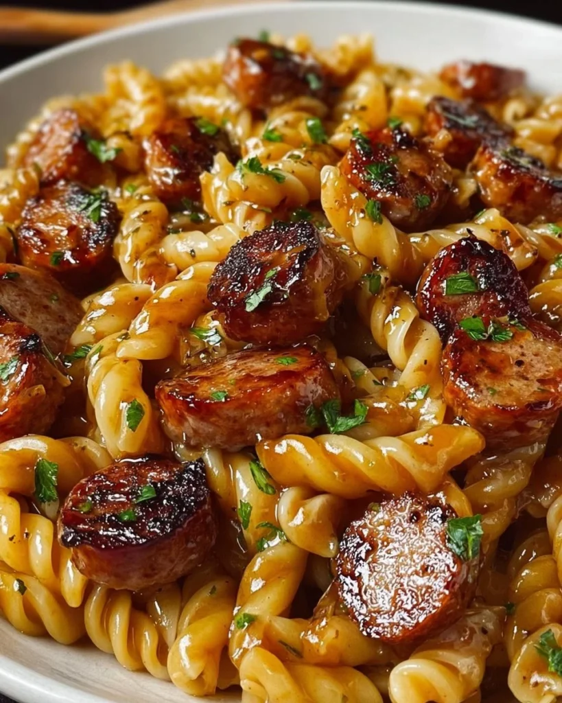 Delicious sticky honey garlic sausage pasta skillet dish