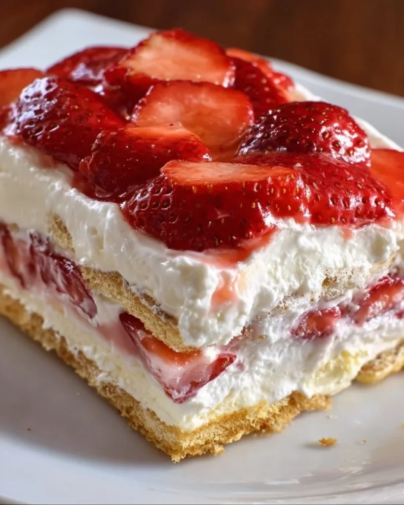 Strawberry eclair cake topped with fresh strawberries and cream filling.