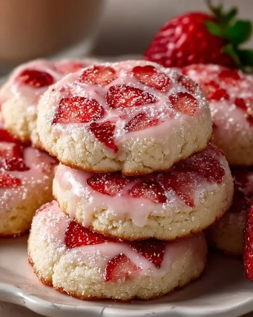 Freshly baked strawberry shortbread cookies on a plate