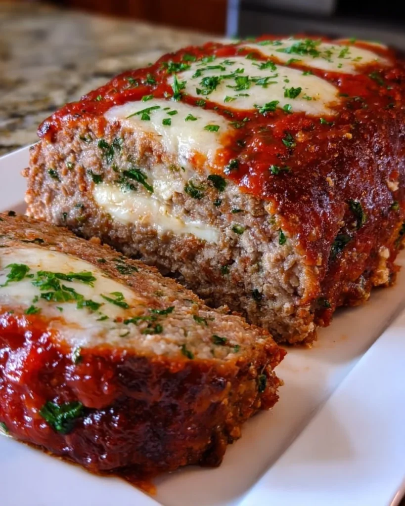Delicious stuffed Italian meatloaf with herbs and cheese
