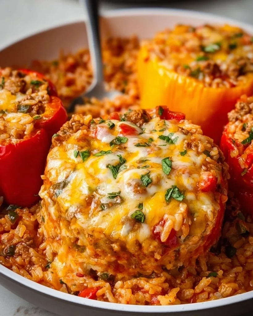 Delicious unstuffed peppers served in a bowl with vibrant vegetables.