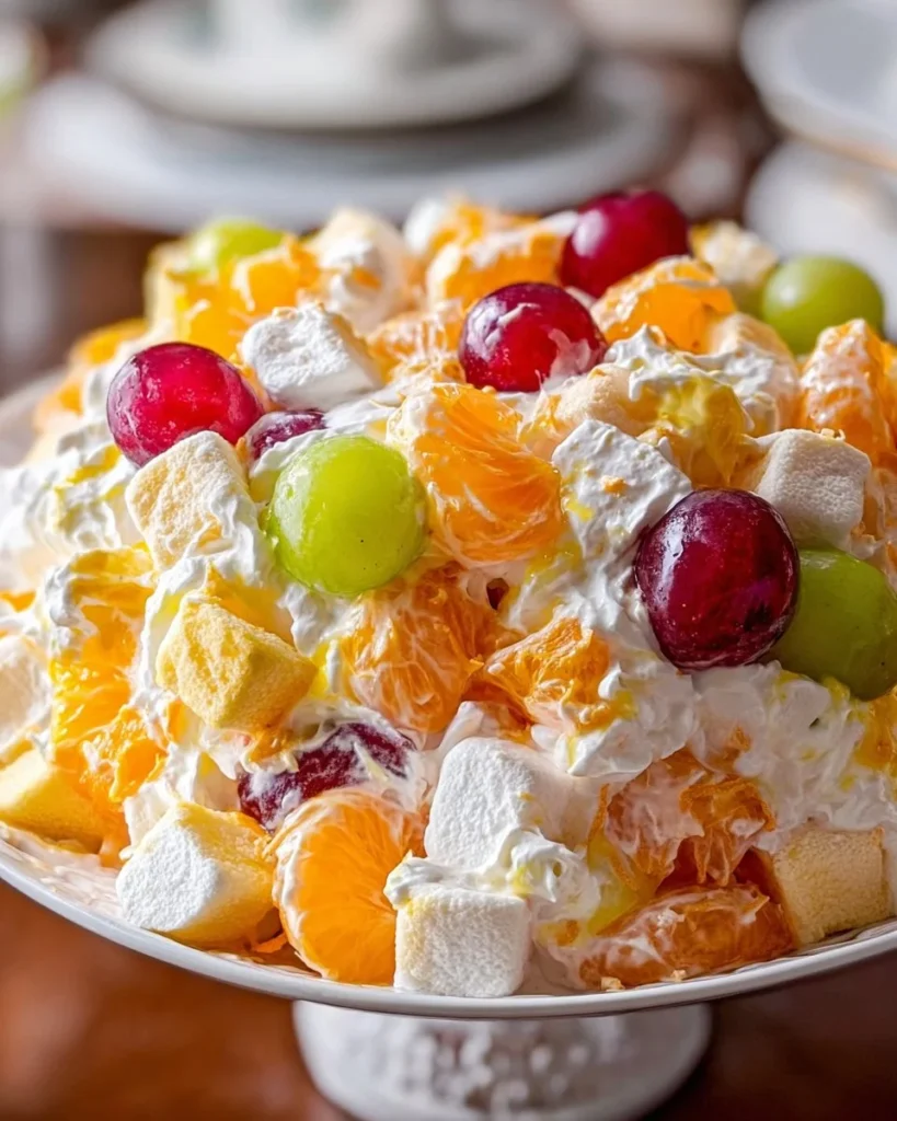 Colorful Ambrosia Salad with fruit and marshmallows in a serving bowl.