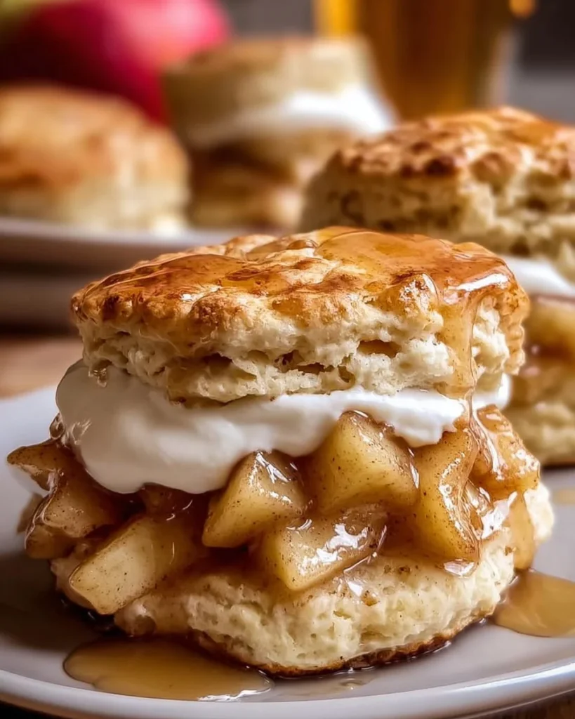 Apple pie biscuit sandwiches stacked on a plate, topped with cinnamon and sugar
